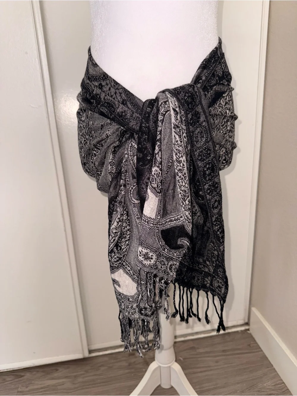 Black Gray Paisley Fringe Wrap Scarf whimsical gothic rave